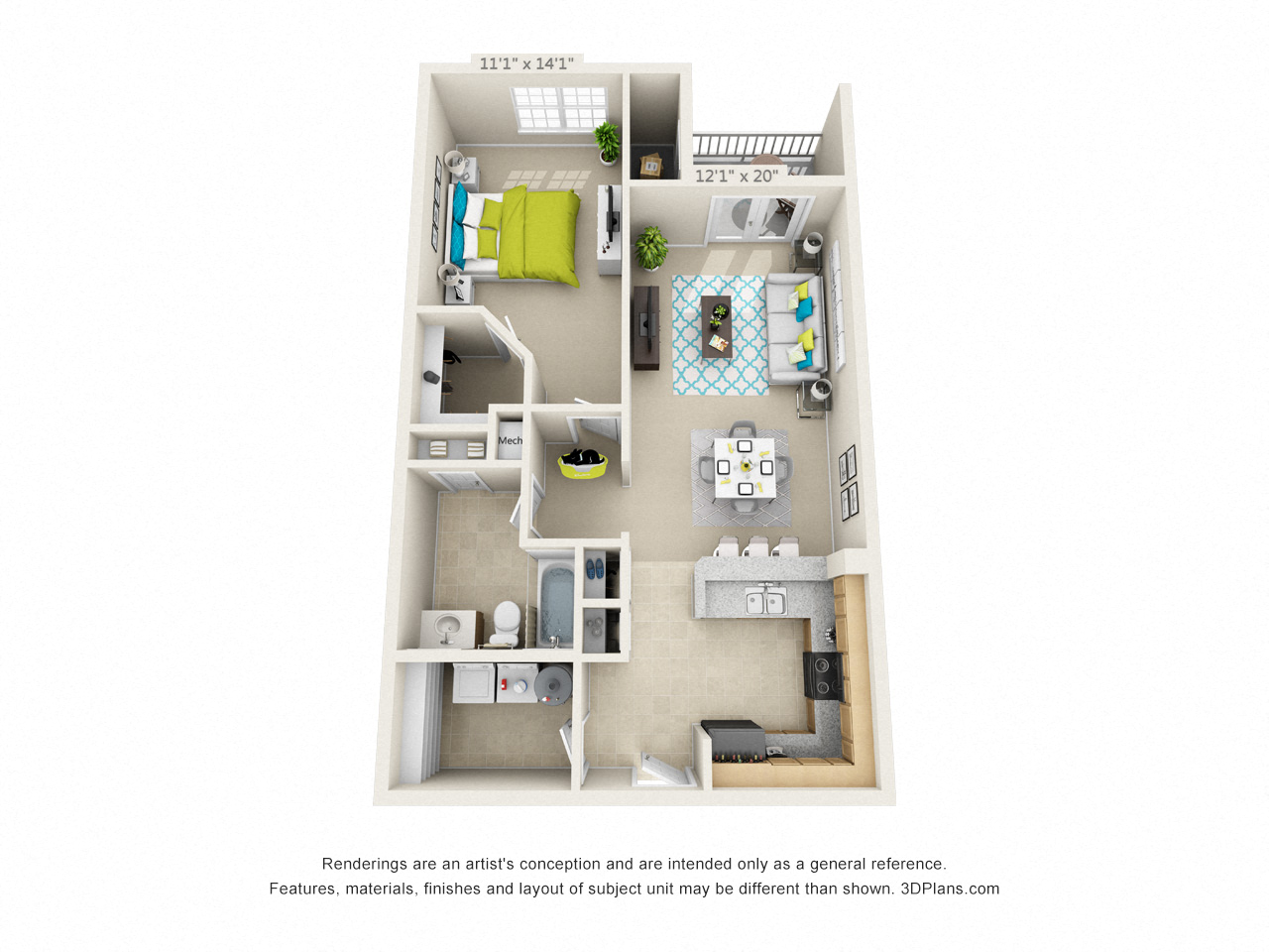 Floor plan for 1 bed, 1 bath, 850 sqft